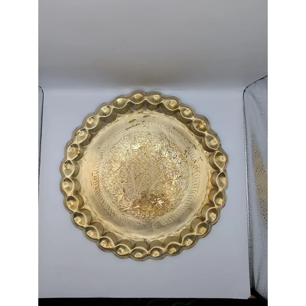 Vintage Etched Brass Large Round Tray Table Top 12